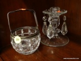 (WALL) 2 PIECE LOT TO INCLUDE A CUT GLASS BASKET WITH METAL HANDLE AND A GLASS CANDLESTICK WITH