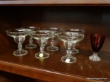 (WALL) LOT OF ASSORTED GLASSWARE; 7 PIECE LOT TO INCLUDE 6 CLEAR GLASS SHERBET GLASSES AND A RUBY