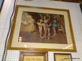 (WALL) FRAMED PRINT; PAINTING PRINT DEPICTS 4 BALLERINAS BACKSTAGE GETTING READY TO GO PERFORM.