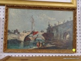 (WALL) VINTAGE PRINT ON BOARD; THIS PRINT ON BOARD SHOWS A WATERWAY WITH PEOPLE ON THE BANK AND ON A