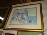 (WALL) PRINT OF PASTEL DRAWING; PASTEL DRAWING PRINT OF SEASIDE VILLA WITH ARTIST SIGNATURE IN