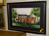 (WALL) FRAMED PRINT; PAINTING DEPICTS A BRICK HOUSE WITH A STONE WALKWAY LEADING TO THE PILLARED