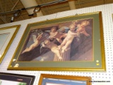 (WALL) FRAMED CHERUB PRINT; SHOWS 5 CHERUB ANGELS WITH FLOWERS. MATTED IN GREEN AND FRAMED IN A GOLD