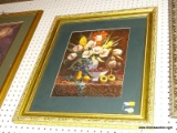 (WALL) FRAMED STILL LIFE; DEPICTS A FLOWER ARRANGEMENT WITH YELLOW RED AND WHITE FLOWERS, A GINGER