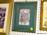 (WALL) FRAMED 3D SHADOW BOX ART; HAS A MOM AND DAUGHTER WALKING UP TO A SHOP. SITS IN A GREEN MATTE