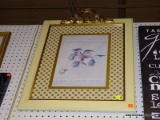 (WALL) FRAMED FRUIT PRINT; DEPICTS A PAIR OF APPLES WITH A FLOWER IN THE BOTTOM LEFT. MATTED IN A