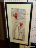 (WALL) ABSTRACT STILL LIFE; SARAH RORES FRAMED PRINT OF TWO ROSES IN A VASE. SITS IN LIGHT GREEN