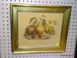 (WALL) FRAMED STILL LIFE; DEPICTS TWO PEARS NEXT TO AN ASSORTMENT OF BERRIES AND A NEST WITH EGGS.