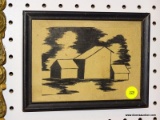 (WALL) FRAME PRINT; VINTAGE PRINT DEPICTS SILLETTES OF 3 HOMES. SITS IN A BLACK FRAME. MEASURES 7.75