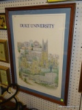 (WALL) DUKE UNIVERSITY FRAMED PRINT; COLORED LINE DRAWING THE DUKE UNIVERSITY CAMPUS BUILDINGS AND