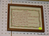 (WALL) MOTHER'S LOVE NEEDLEPOINT; FRAMED NEEDLEPOINT WITH A MOTHER'S LOVE POEM. SITS IN WOODEN