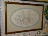 (WALL) FRAMED FLORAL PRINT; FLORAL PAINTING PRINT BY D. ADAIR DEPICTING A BUSH OF PINK AND PALE PINK