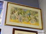 (BWALL) FRAMED PAINTING; DEPICTS PEOPLE RIDING BIKES IN COLONIAL OUTFITS. MATTED IN CREAM AND FRAMED