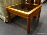 (R1) END TABLE; WOODEN GLASS TOP END TABLE WITH FINGER LOCK CONSTRUCTION. MEASURES 22 IN X 22 IN X