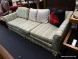 (R1) COLONY HOUSE FURNITURE THREE CUSHION SOFA; HAS GREEN BLUE AND BEIGE TONED STRIPE UPHOLSTERY