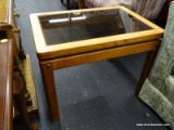 (R1) END TABLE; WOODEN GLASS TOP END TABLE WITH FINGER LOCK CONSTRUCTION. MEASURES 17.75 IN X 25.75