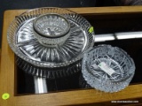 (R1) LOT OF ASSORTED GLASS DISHES; 3 PIECE LOT TO INCLUDE A CONDIMENT SERVING PLATTER, A CUT GLASS