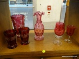 (R1) LOT OF GLASSWARE; 7-PIECE LOT OF ROSE-TINTED GLASSWARE TO INCLUDE A PAIR OF RED DRINKING
