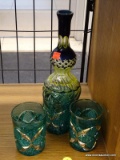 (R1) ROCK GLASS SET AND VASE; SET OF THREE FACETED GREEN ROCKS GLASSES WITH GOLD DETAILING AND A