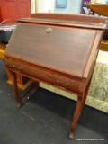 (R1) ANTIQUE WRITERS DESK; 13 IN DROP LEAF SECRETARY WRITING DESK WITH LOCKABLE DROP LEAF THAT OPENS