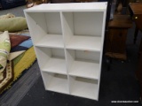 (R2) MODERN SHELVING UNIT; MODERN SIX-SECTION SHELVING UNIT, WHITE IN COLOR, WITH A 2 X 3