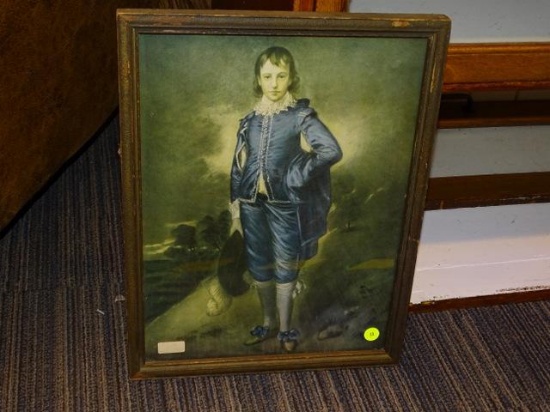 (R1) FRAMED PRINT OF PAINTING; PORTRAIT OF ADOLESCENT MAN WITH BLUE COLONIAL ERA FORMAL WEAR,