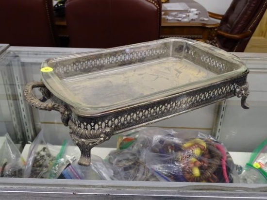 (R1) CHAFING DISH; GLASBAKE GLASS CHAFING DISH, HAS SILVER PIERCED STAND WITH TWO HANDLES. MEASURES