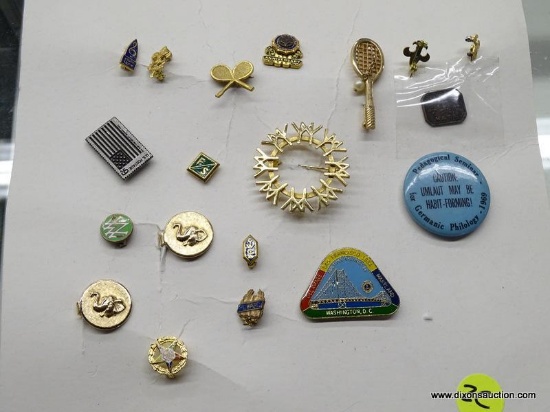 LOT OF ASSORTED PINS; LOT CONTAINS 9 PINS TO INCLUDE: TENNIS RACQUETS, LION'S CLUB, U.S. POSTAGE,