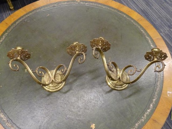 (R1) PAIR OF WALL SCONCES; TWO BRASS WALL SCONCES WITH TWO ORNATE SCROLL ARMS FOR CANDLES, A PIERCED