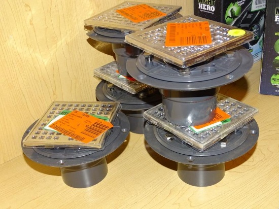 (R4) LOT OF 5 OATEY SHOWER DRAINS WITH PVC FRAME, CHROME FINISH, AND SQUARE PATTERN. DRAINS MEASURES