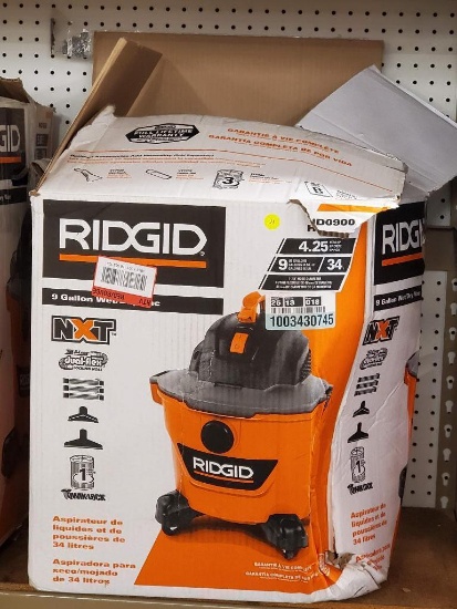 (WALL) RIDGID SHOP VACUUM; 9 GAL. 4.25-PEAK HP NXT WET/DRY SHOP VACUUM WITH FILTER, HOSE AND