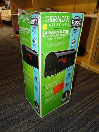 (R4) GIBRALTAR GALVANIZED STEEL, ELITE STYLE, POST MOUNT MAILBOX, BLACK IN COLOR. MEASURES 6.9 IN X