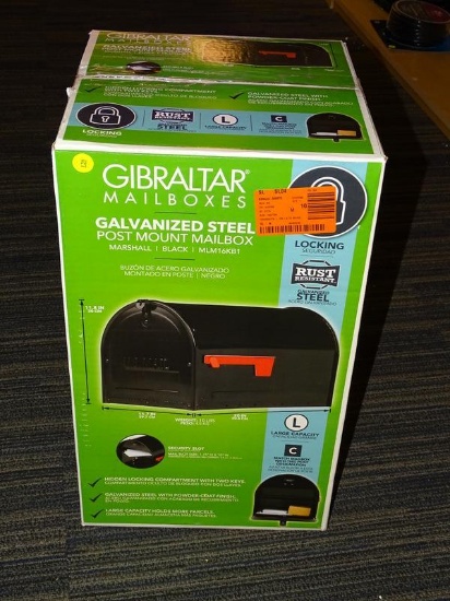 (R4) GIBRALTAR GALVANIZED STEEL, MARSHALL STYLE, POST MOUNT MAILBOX, BLACK IN COLOR. MEASURES 11.7