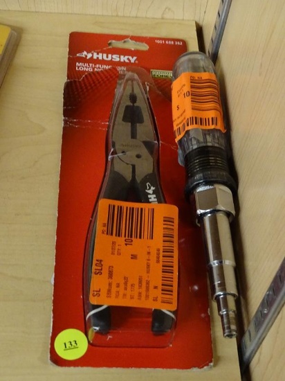 (R5) HUSKY 15-IN-1 SCREWDRIVER NUT DRIVER AND A PAIR OF HUSKY MULTI-FUNCTION LONG NOSE PLIERS.
