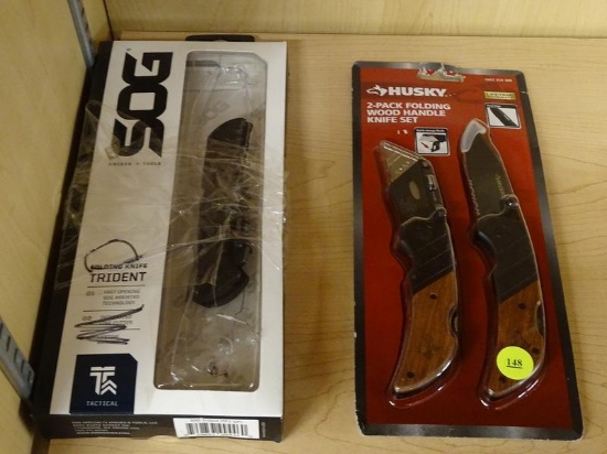 (R5) PAIR OF FOLDING KNIVES; 2 PIECE LOT TO INCLUDE A HUSKY FOLDING WOOD HANDLE KNIFE SET WITH A BOX