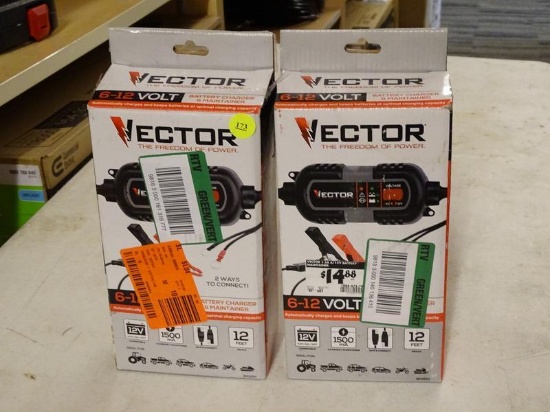 (R6) PAIR OF VECTOR 6-12 VOLT, 1.5A BATTERY CHARGER & MAINTAINERS. MODEL NO. BM315V. BOTH COME IN