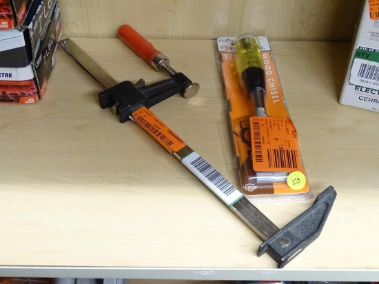 (R6) BUCK BROS 1 1/4" WOOD CHISEL AND A BESSEY C BAR CLAMP.