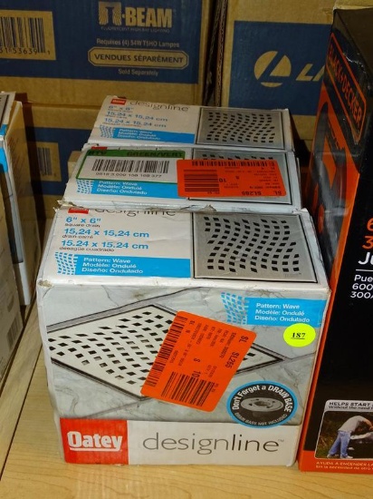(R6) LOT OF OATEY DESIGNLINE DRAINS; 3 PIECE LOT OF WAVE PATTERNED, 6" X 6", SQUARE DRAINS. 2 OF