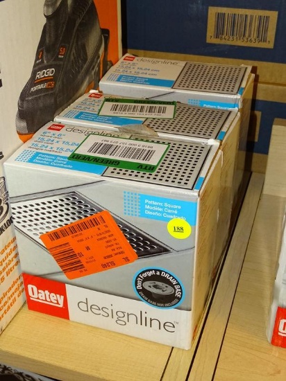 (R6) LOT OF OATEY DESIGNLINE DRAINS; 3 PIECE LOT OF SQUARE PATTERNED, 6" X 6", SQUARE DRAINS.