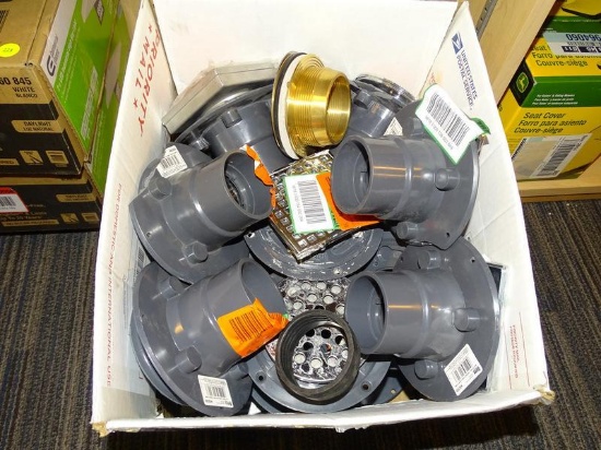 (R6) BOX LOT OF ASSORTED OATEY PVC DRAINS AND METAL GRATES; BOX LOT INCLUDES (21) 2.5" PVC DRAINS
