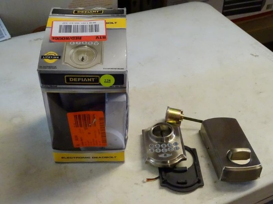 (R7) DEFIANT SINGLE CYLINDER ELECTRONIC CASTLE DEADBOLT WITH A SATIN NICKEL FINISH. MODEL NO.