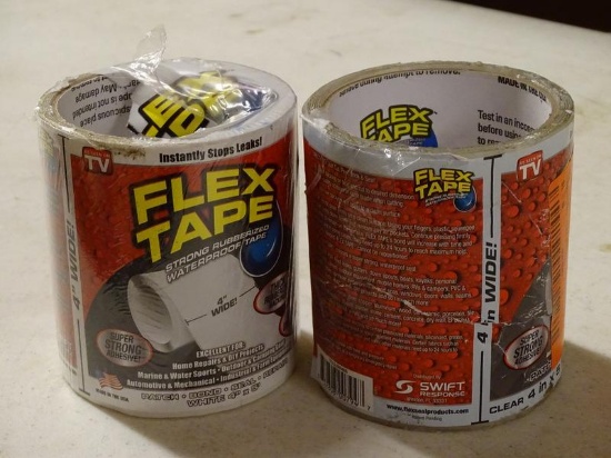 (R7) PAIR OF 4" WIDE FLEX TAPE ROLLS. PATCH, BOND, SEAL, REPAIR! ONE ROLL IS WHITE AND THE OTHER IS