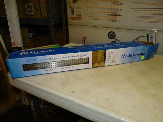 (R8) MEDITERRANEO LINEAR DRAIN; 27 IN SQUARE GRATE LINEAR DRAIN. ITEM CODE 1002334851. COMES NEW IN