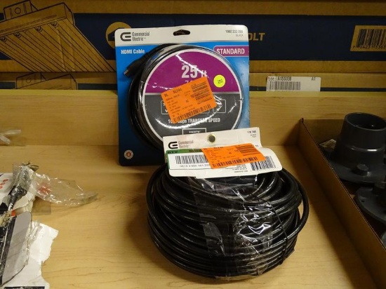 (R8) COMMERCIAL ELECTRIC HDMI AND COAXIAL CABLES; 100 FT COAXIAL CABLE AND 25 FT STANDARD HDMI