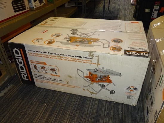 (WALL) RIDGID PORTABLE TABLE SAW; HEAVY DUTY PORTABLE 10IN TABLE SAW WITH STAND AND CARBIDE TIPPED