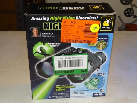(R8) NIGHT VISION BINOCULARS; ATOMIC BEAM NIGHT HERO NIGHT VISION BINOCULARS, COMES NEW IN OPEN BOX.