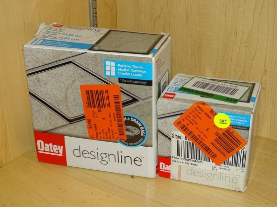 (R8) OATEY SQUARE DRAINS; DESIGNLINE 6 IN. X 6 IN. DRAIN AND 4 IN X 4 IN DRAIN, HAVE TILE-IN GRATES.