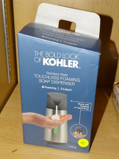 (R8) KOHLER TOUCHLESS FOAMING SOAP DISPENSER WITH A STAINLESS STEEL FINISH AND AN 8.45 OZ CAPACITY.