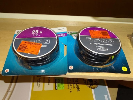 (R9) PAIR OF COMMERCIAL ELECTRIC HDMI CABLES; TWO 25 FT STANDARD HDMI CABLES, BLACK IN COLOR.