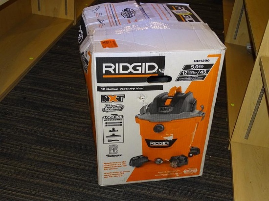 (R2) RIDGID SHOP VACUUM; 12 GALLON 5.0-PEAK HP NXT WET/DRY SHOP VACUUM WITH FILTER, HOSE AND